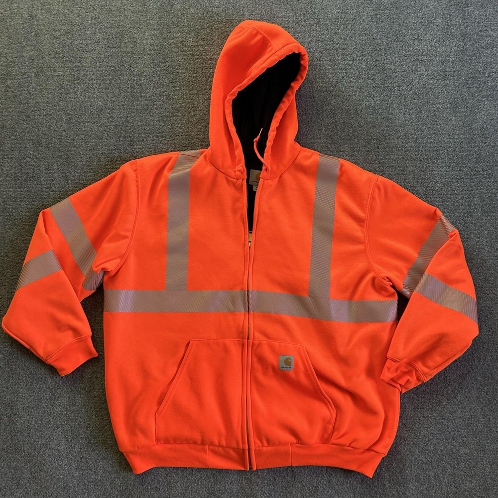 Carhartt Hoodie Sweatshirt Mens XL Orange High Visibility Thermal lined Full Zip